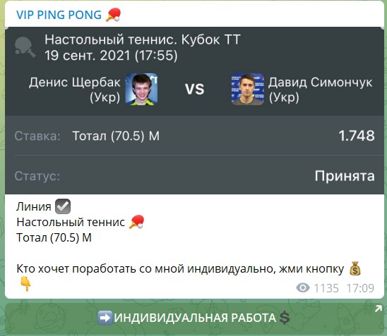 Прогнозы на канале Телеграм ВИП Пинг-понг