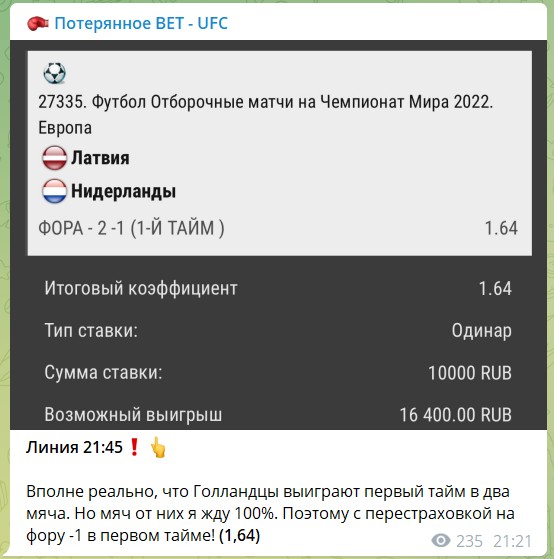 Бесплатные прогнозы на канале Telegram Потерянное ВЕТ – UFC