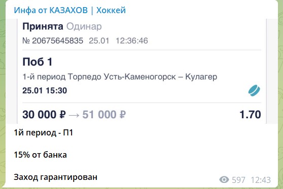 Бесплатные ставки на канале Telegram Инфа от Казахов Хоккей