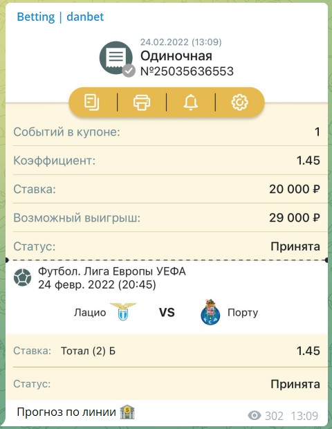 Бесплатные ставки на канале Telegram Betting danbet