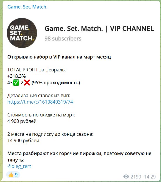 Платная подписка на канал Telegram Game. Set. Match