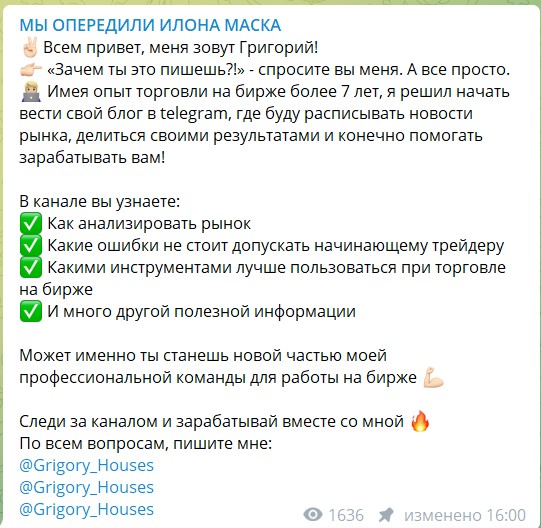 Данные о проекте Telegram Григория @Grigory_Houses