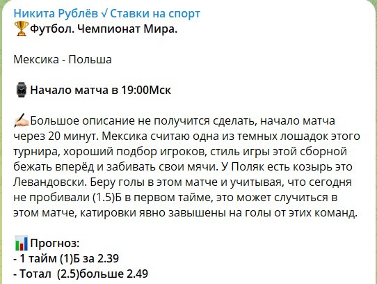 Бесплатные ставки на канале Telegram Никита Рублев