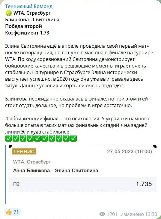 Бесплатные ставки на канале Телеграм Теннисный бомонд