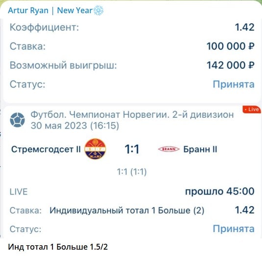 Бесплатные ставки на канале Телеграм Artur Ryan New Year