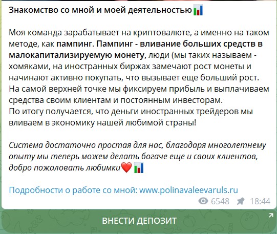 Данные о канале Телеграм Полина Валеева Инвестор №1
