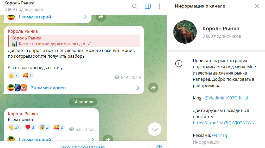 Описание канала в телеграмме Король рынка