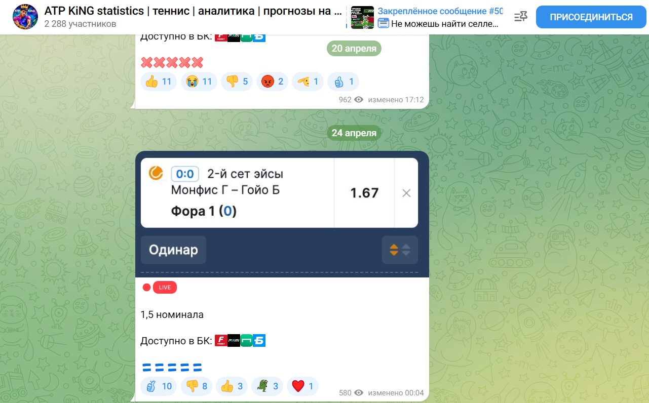 Прогнозы на спорт в Телеграме ATP KiNG