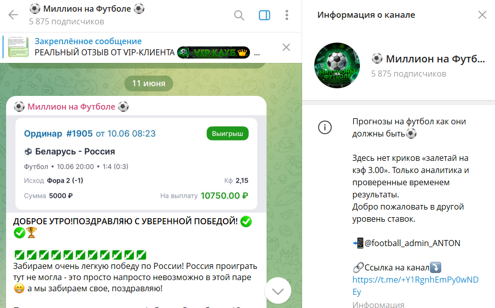 Описание канала в телеграме Миллион на футболе