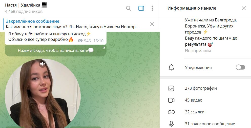 Описание канала в телеграмме Настя Удаленка