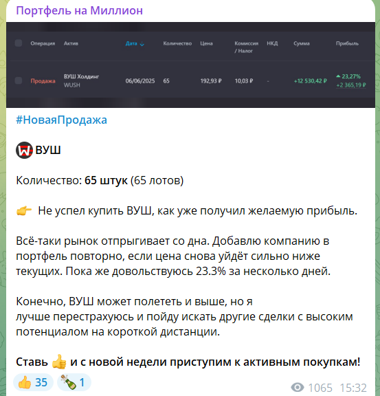 Покупка акций на канале в телеграме Портфель на миллион
