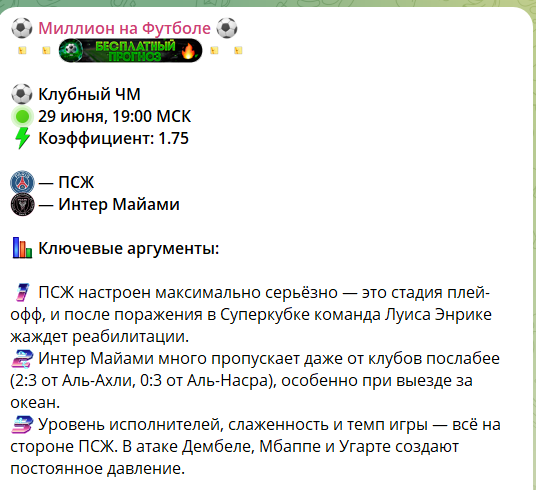 Прогноз с канала в телеграмме Миллион на футболе