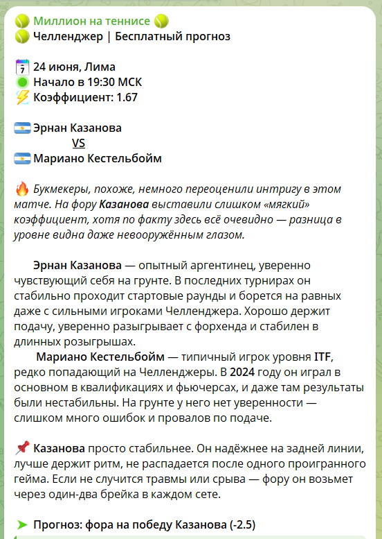 Прогноз в ленте канала Телеграм Миллион на теннисе