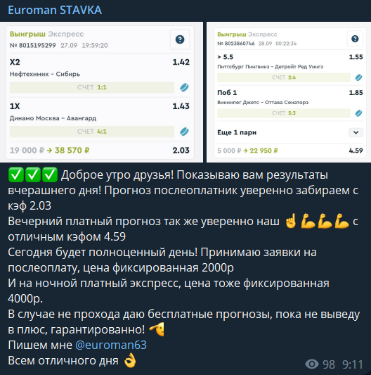 Euroman Стоимость прогнозов