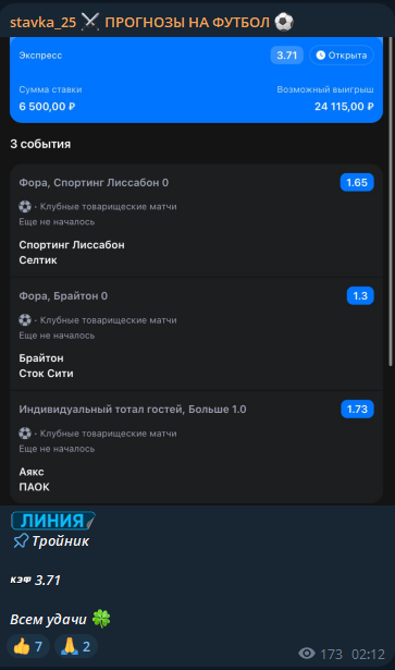 Обзор ТГ-канала stavka_25 ПРОГНОЗЫ НА ФУТБОЛ