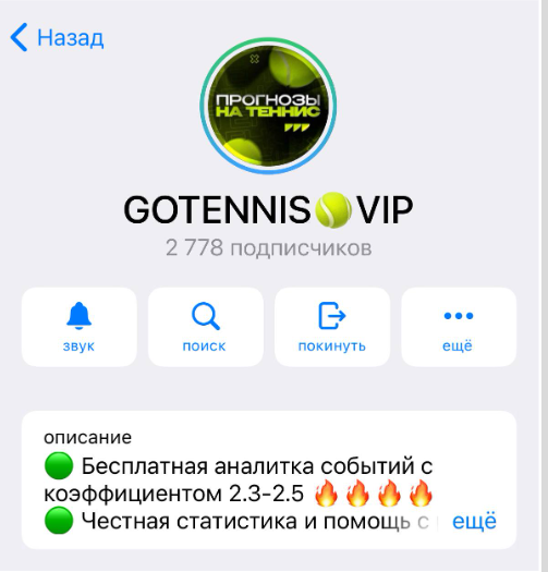 Описание телеграм канала GOTENNIS.VIP