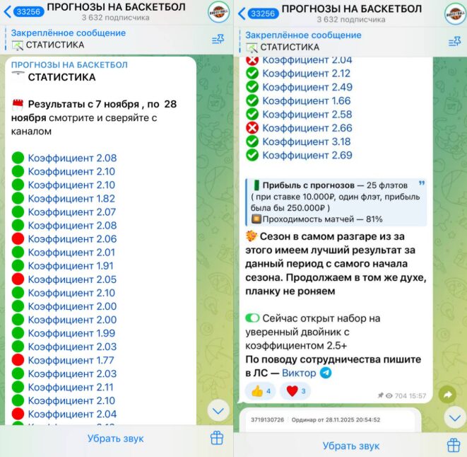 Статистика на канале в телеграме Прогнозы на баскетбол