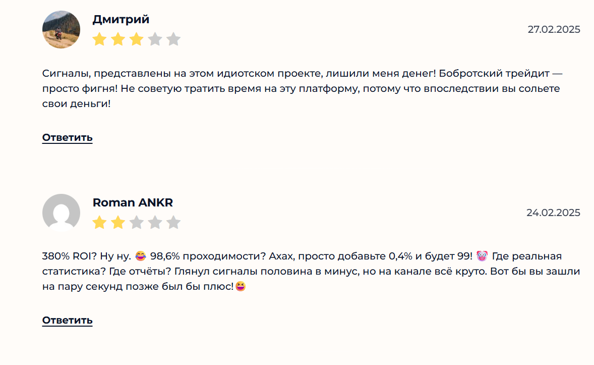 Отзывы о сигналах с канала Бобровский трейдит в телеграмме