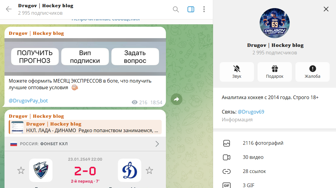 Описание телеграмм канала Drugov Hockey blog