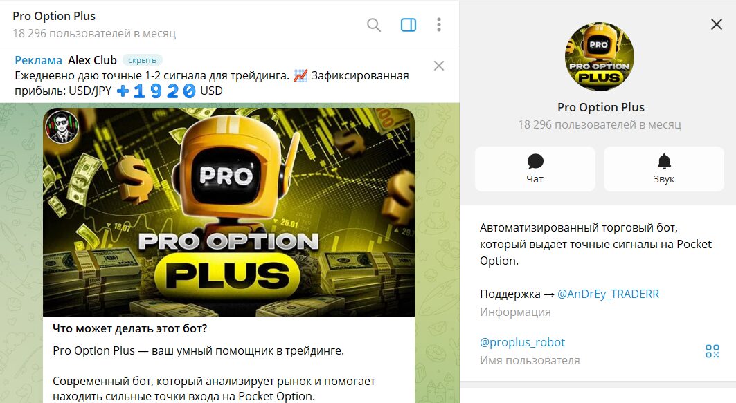 Сведения по проекту в телеграмме Pro Option Plus с сигналами