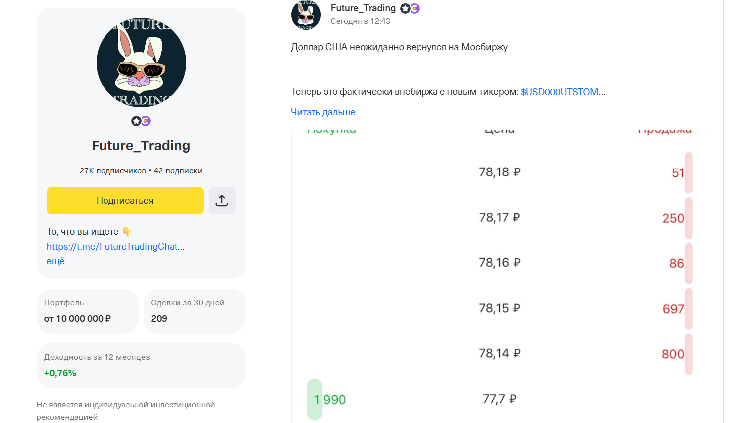 Статистика на канале в телеграмме трейдера Алексея Ефимова