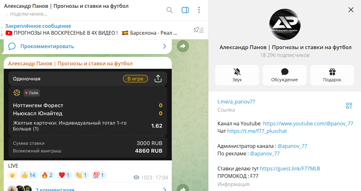 Описание канала в ТГ Александр Панов Прогнозы и ставки на футбол