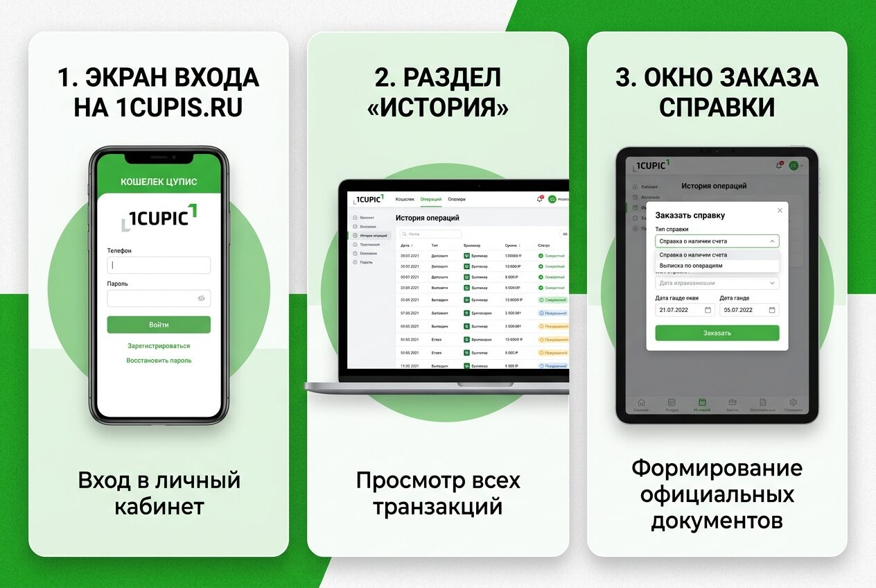 Экран входа на 1cupis.ru, раздел «История», окно заказа справки