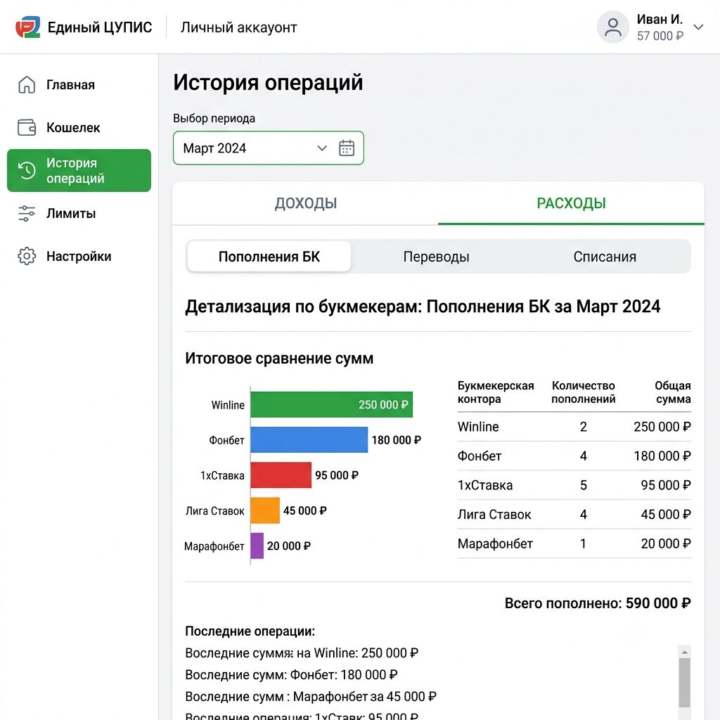 Главная страница сайта, раздел «История операций», выбор периода, экран «Расходы», вкладка «Пополнения БК», детализация по букмекерам, итоговое сравнение сумм