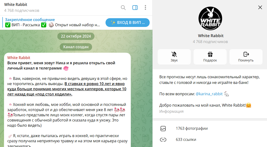 Вводные данные по телеграмм каналу White Rabbit со ставками