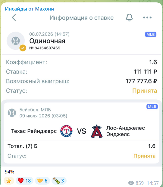 Бесплатная ставка с канала в телеграме Инсайды от Махони
