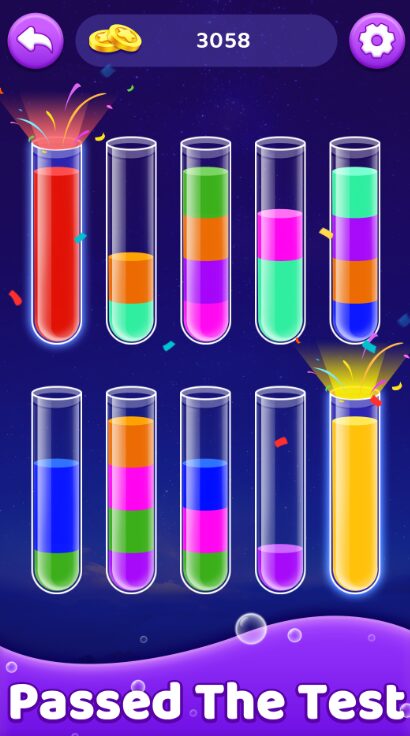 Интерфейс приложения с игрой Sort in Fluids