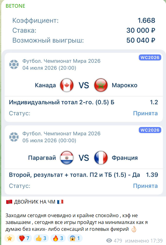 Ставка в открытом доступе на канале в телеграме BETONE