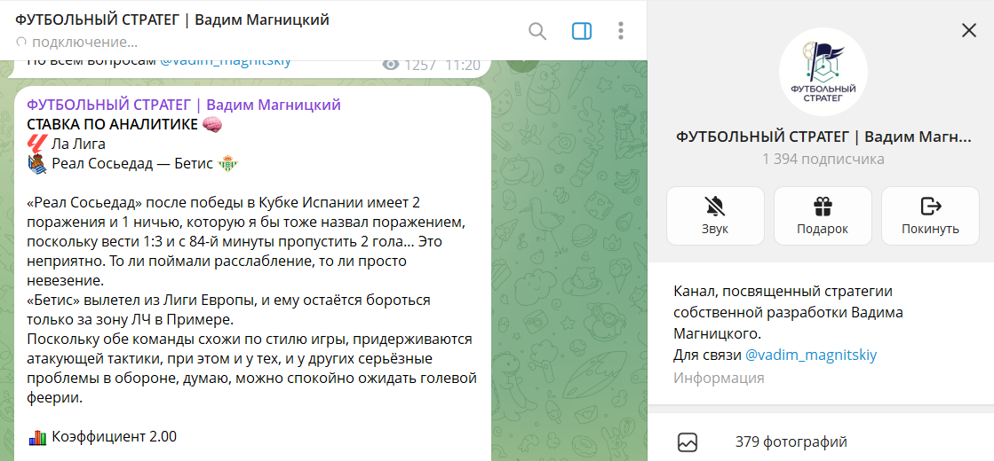 Сведения по каналу Футбольный стратег Вадим Магницкий