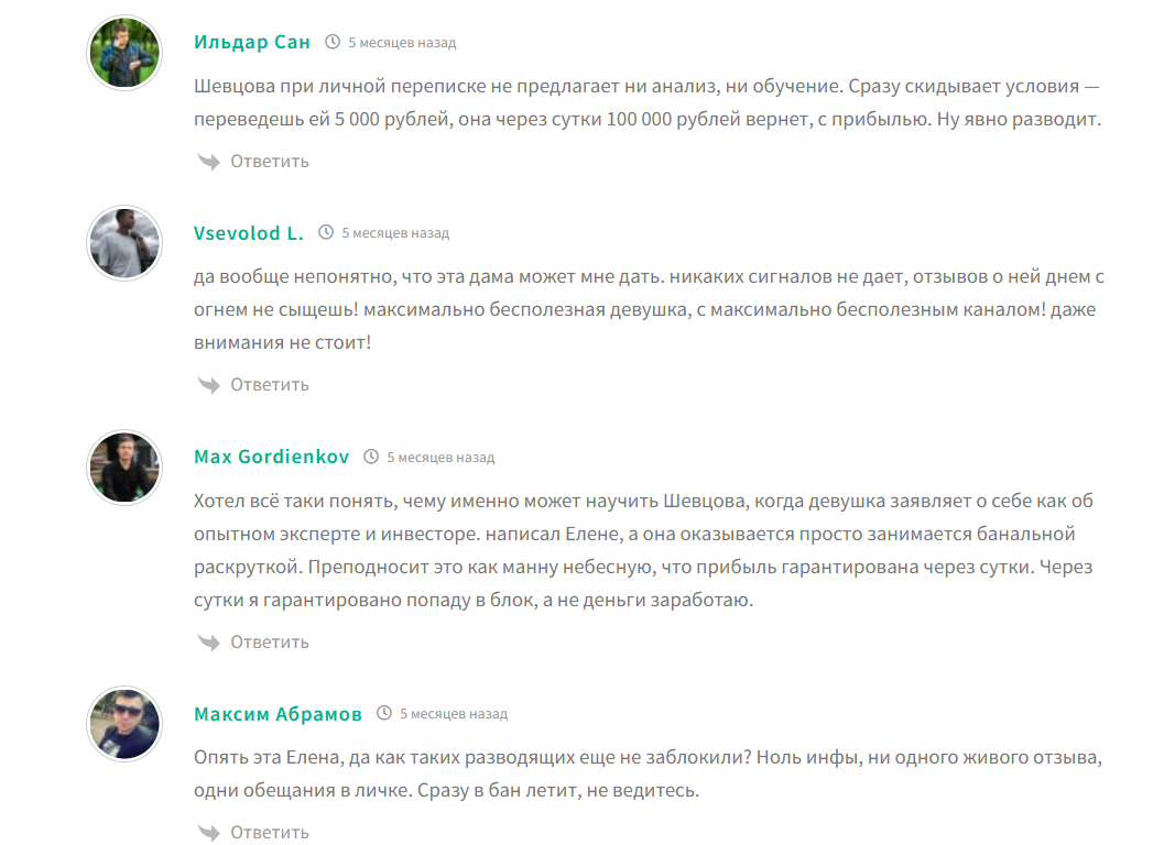 Примеры негативных отзывов об инвесторе Елене Шевцовой
