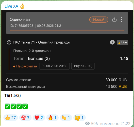Прогноз на футбол с канала в телеграмме Live ХА