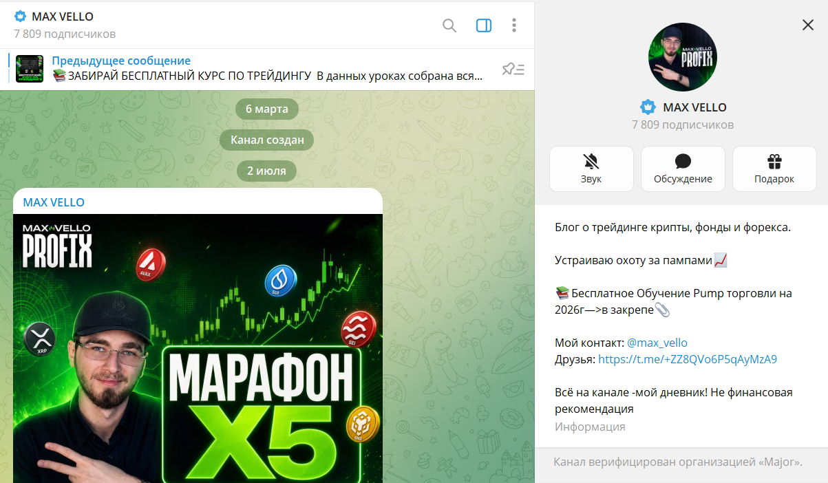 Дата основания и активность на канале в телеграмме MAX VELLO