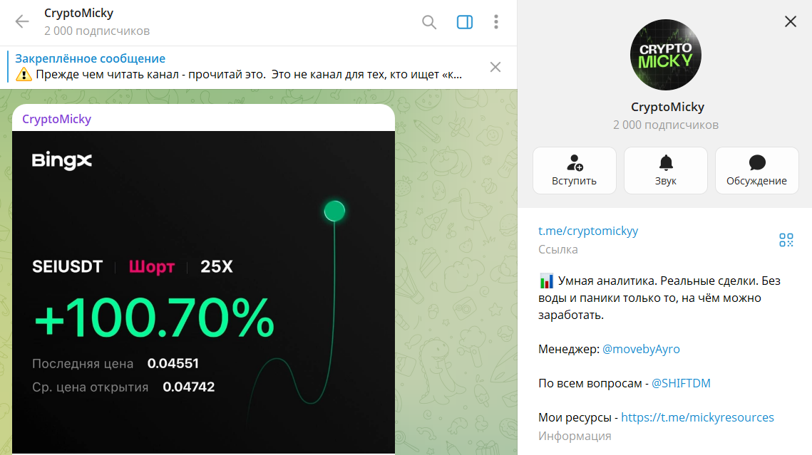 Описание канала в телеграмме CryptoMicky с сигналами