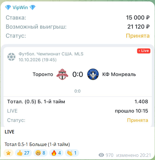 Бесплатная ставка на футбол с канала телеграм VinPin
