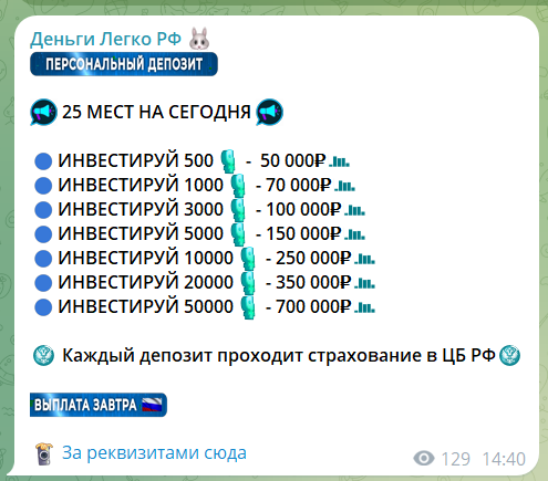 Инвестиции на канале в телеграмме Деньги легко РФ