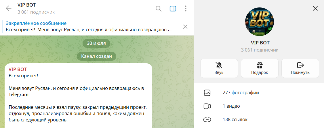 Когда канал в телеграмме VIP BOT был зарегистрирован