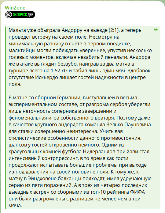 Прогноз на футбол с телеграмм-канала WinZone
