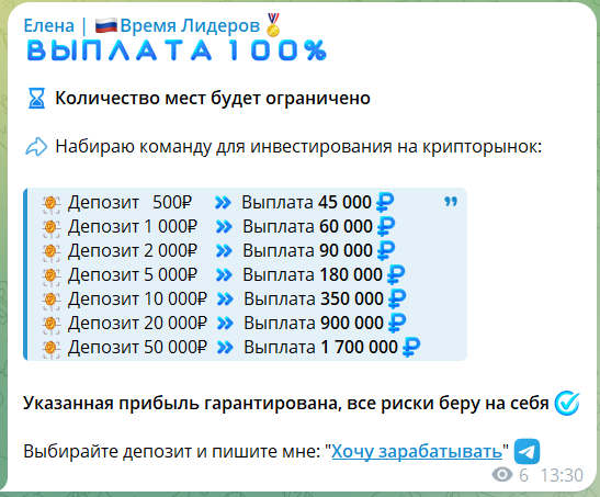 Раскрутка депозитов на телеграм-канале Елена Время Лидеров