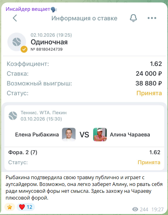 Ставка на теннис с канала в телеграмме Инсайдер вещает